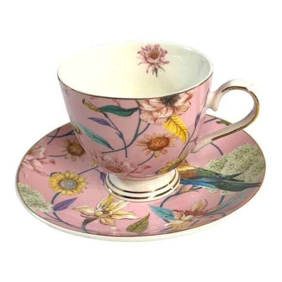 Shabby Chic Fine Porcelain Teacup & Saucer Set Floral Bird Design Pink 3” Cup - Picture 1 of 9